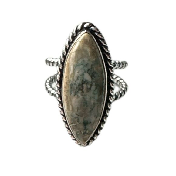 NEW Marquise Jasper Twisted Double Band 925 Overlay Ring Cream Green Size 5-1/2 - Picture 1 of 9